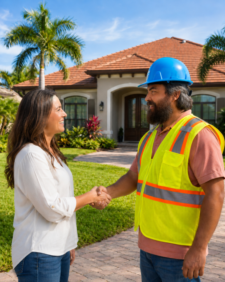Sunshine State Roofing contractor shaking hands with a happy homeowner in front of a Florida home with a tile roof and palm trees.